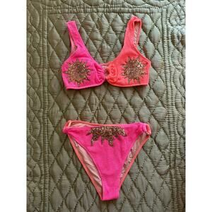Judith march bathing suit swim bikini sequin sun pink orange neon sz L party